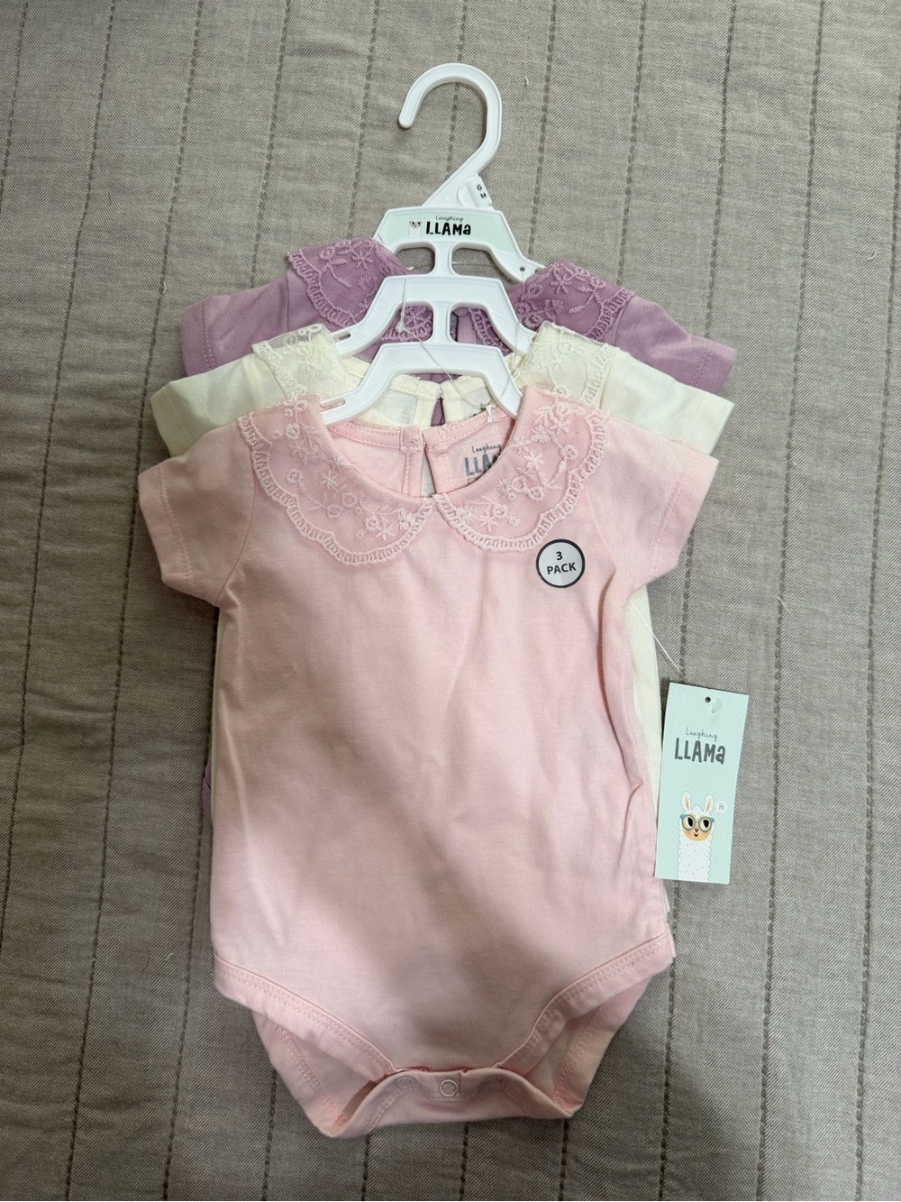 Girls' 3-Pack Lace Collar One-Piece Bodysuits - Pink, Cream, Lavender